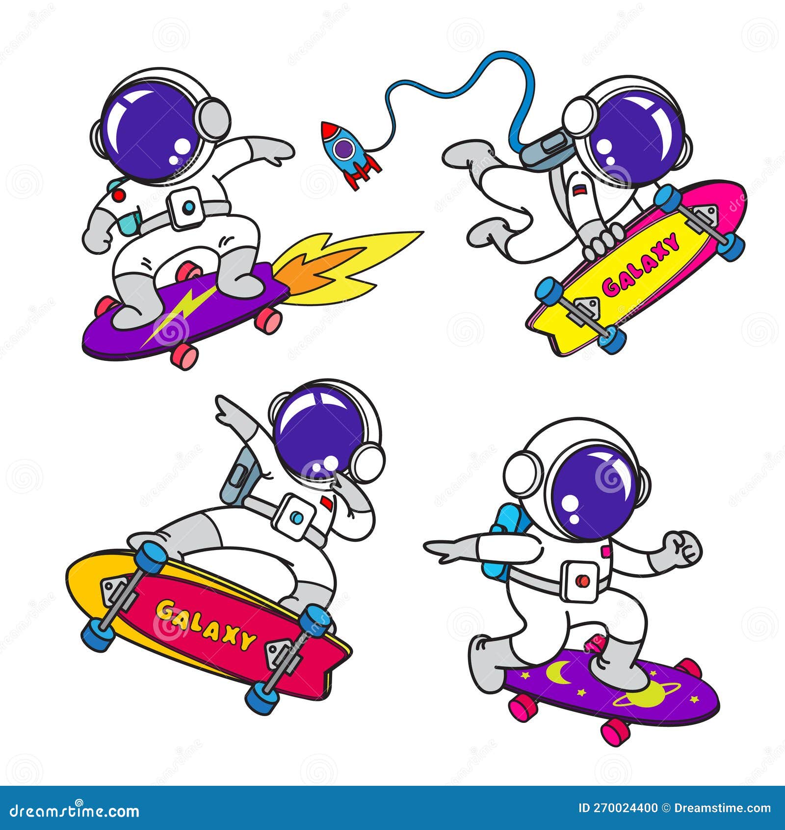 astronautÃÂ cartoon set, animation , flat , skate board, 